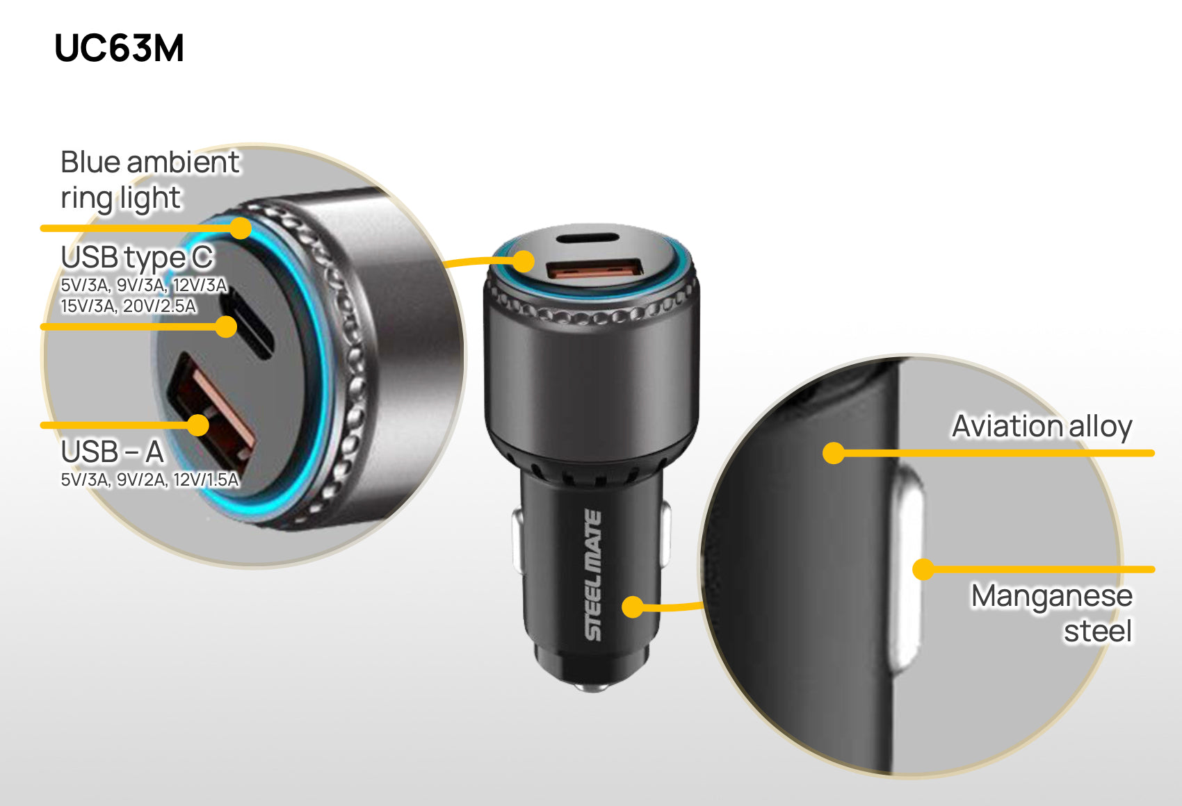 Steelmate Automotive UC63M 63 Watt USB Super Fast Car Charger Type
